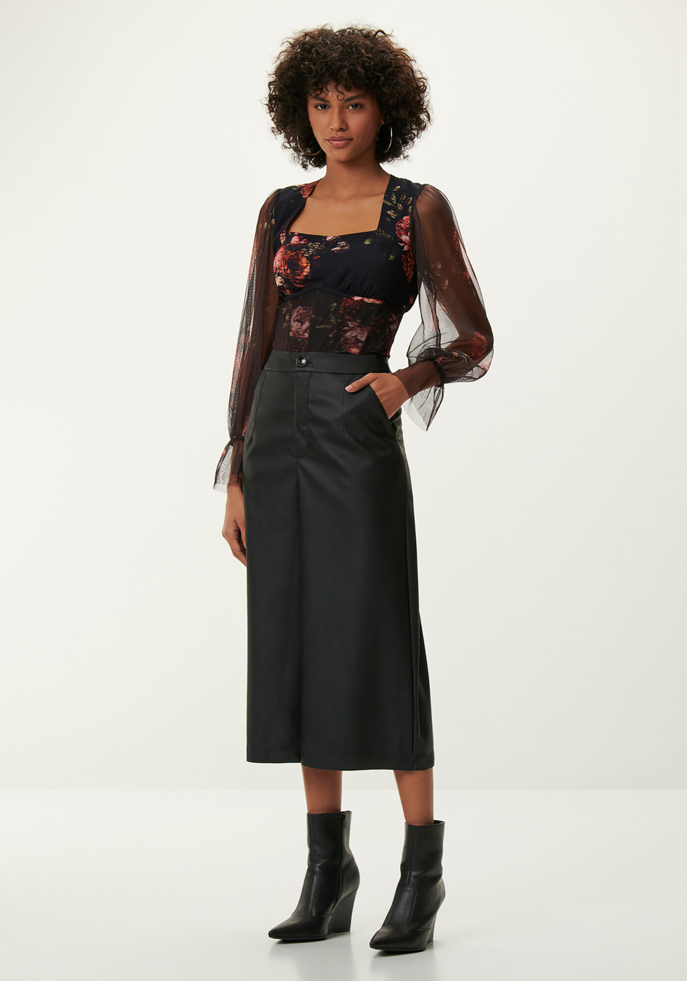 Blusa Corset Floral com Manga Bufante em Tule, , large.