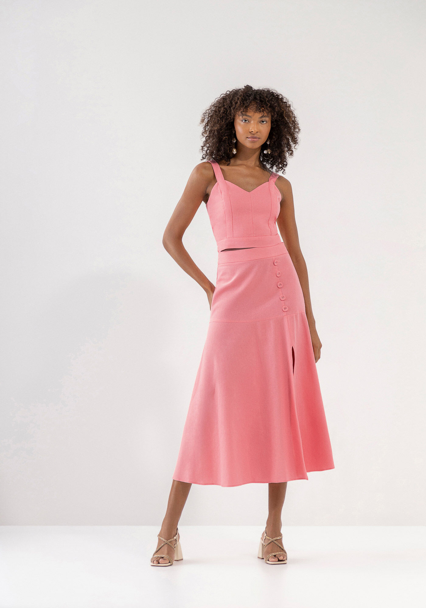 Saia Cintura M&eacute;dia Midi Linho, ROSA PUMPKIN, large.