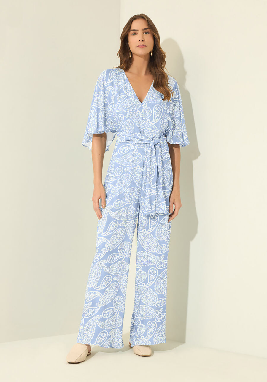 Macacão Longo Estampado Com Mangas Curtas E Cinto, ORNAMENTOS AZUL. Macacão Longo Estampado Com Mangas Curtas E Cinto, ORNAMENTOS AZUL, large.