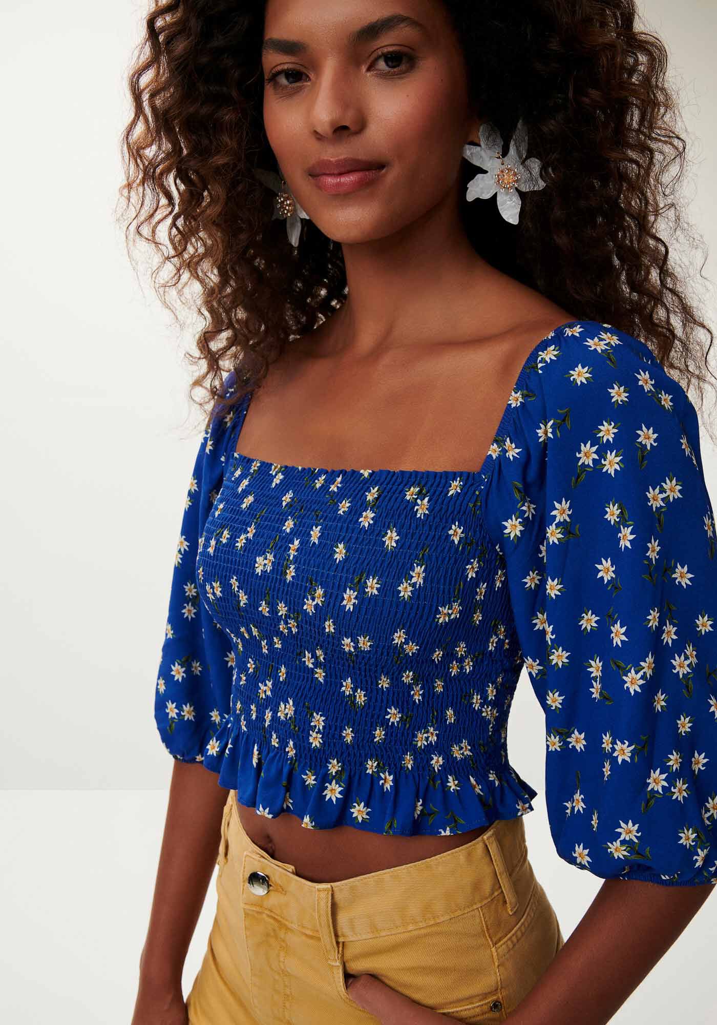 Blusa Manga Bufante Estampada Cropped com Lastex, EDELWEISS, large.