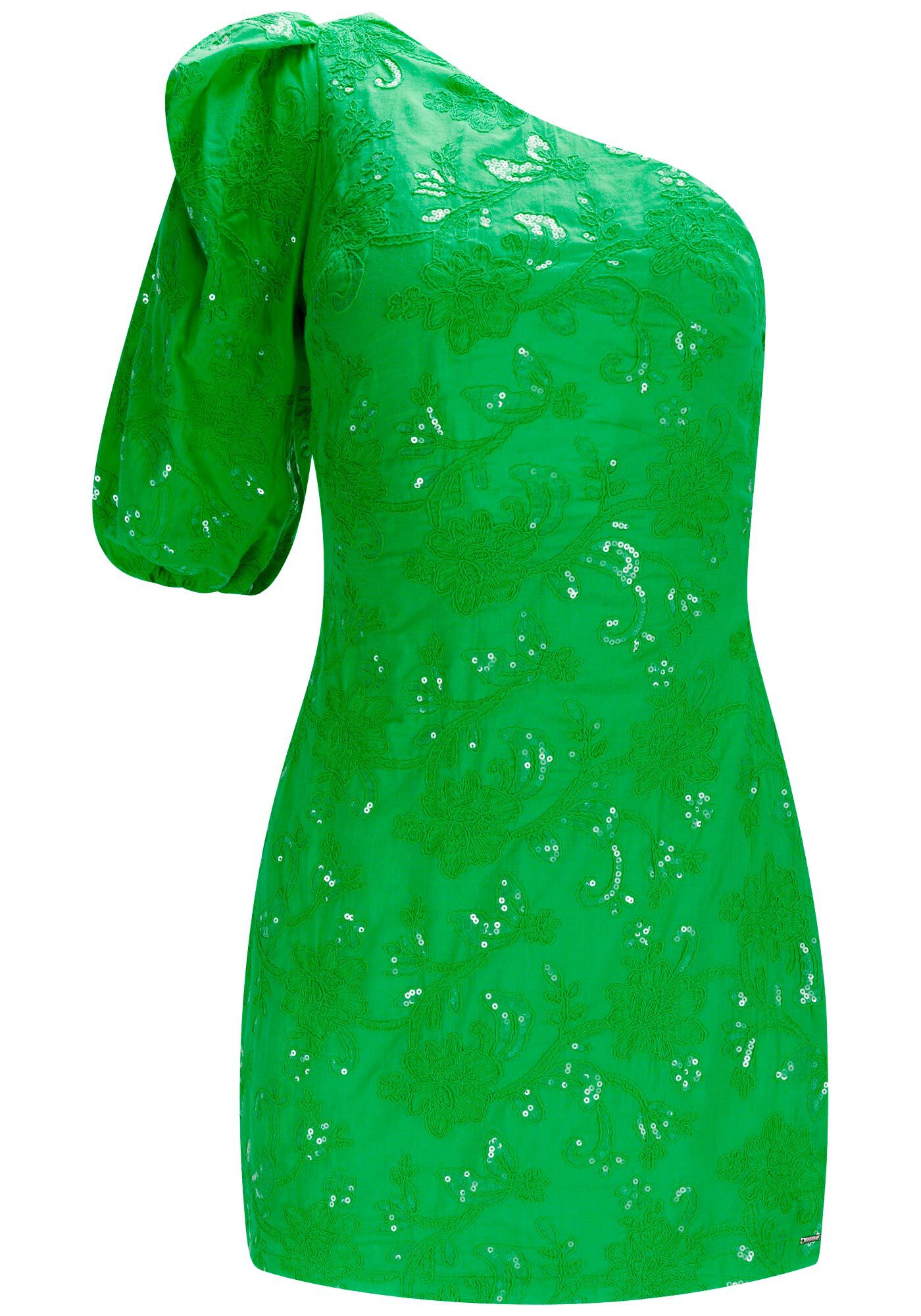 Vestido Curto Um Ombro S&oacute; em Tecido Bordado Paet&ecirc;s, , large.