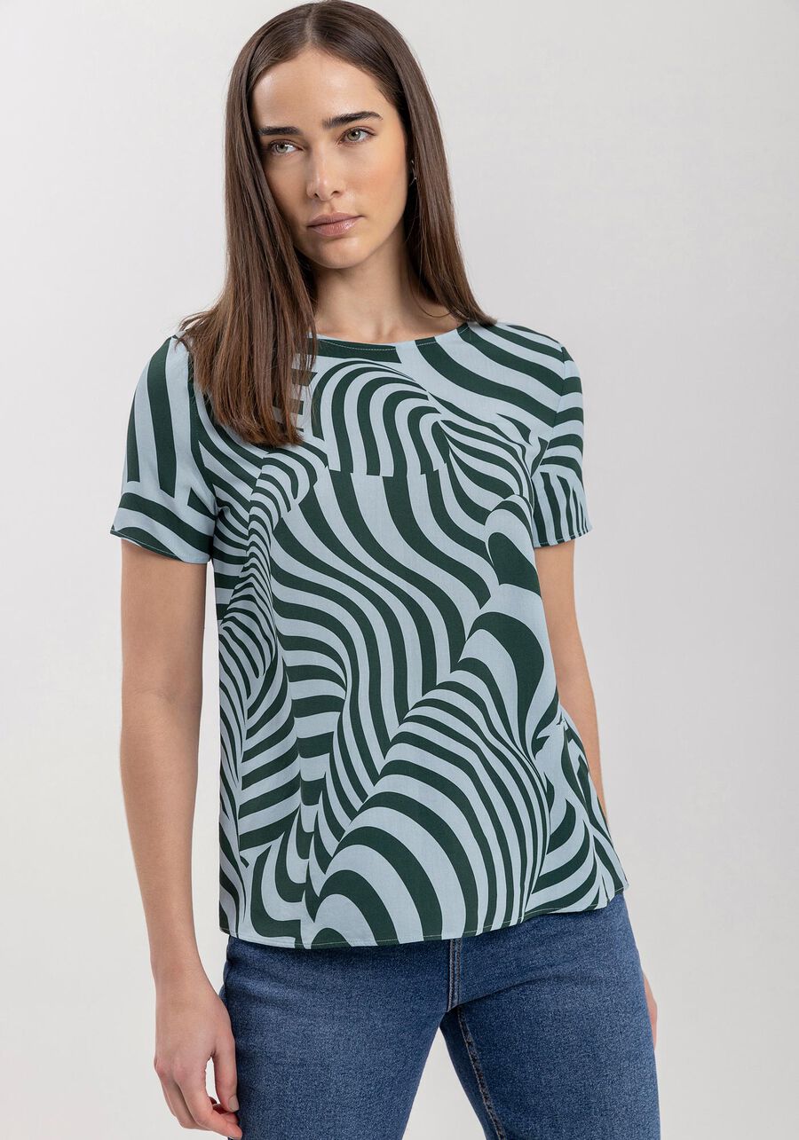 Blusa Básica Estampada Em Viscose Com Mangas Curtas, SILHOUETTE AZUL. Blusa Básica Estampada Em Viscose Com Mangas Curtas, SILHOUETTE AZUL, large.