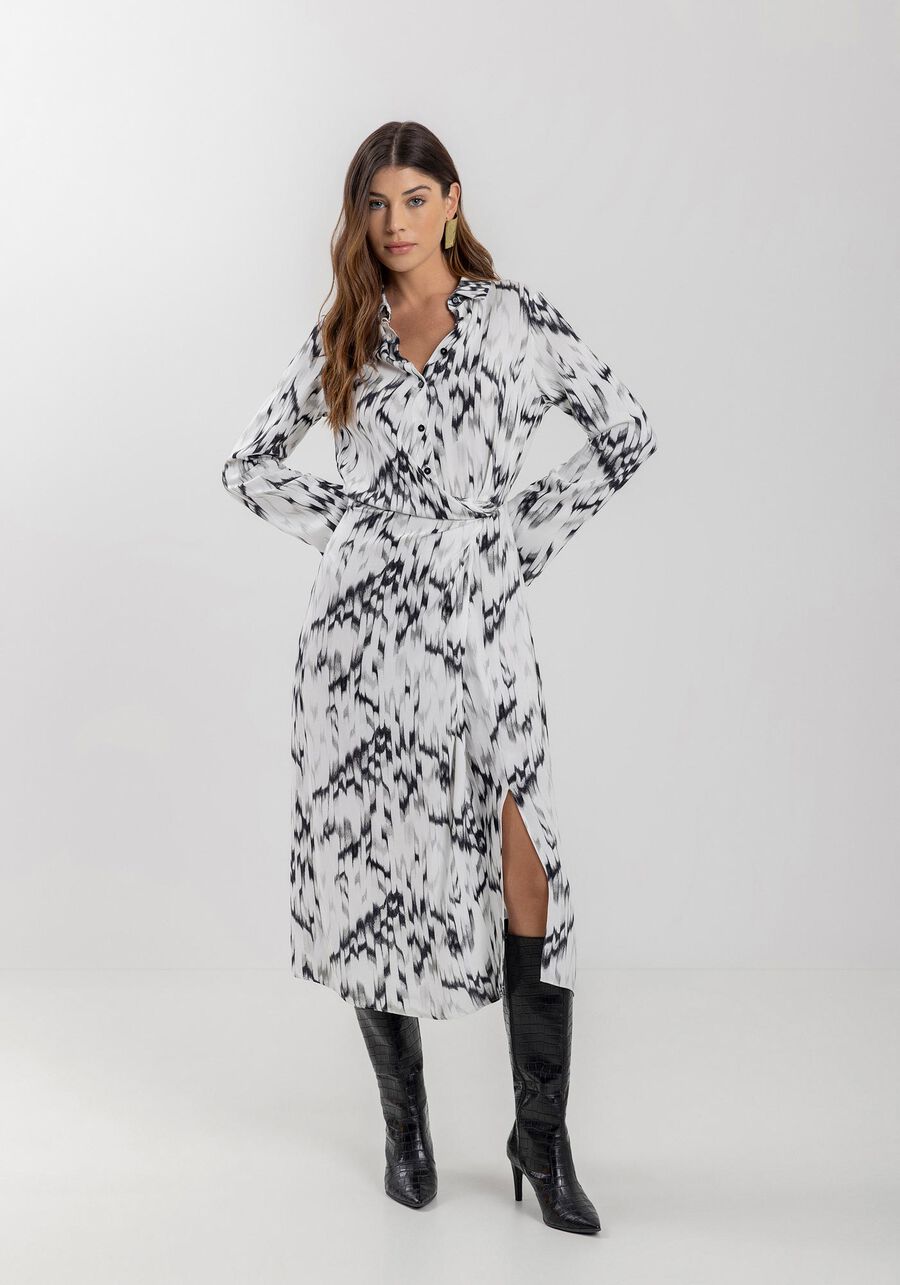 Vestido Midi Estampado Fluido De Mangas Longas Com Elástico, GRAPHITE CINZA. Vestido Midi Estampado Fluido De Mangas Longas Com Elástico, GRAPHITE CINZA, large.