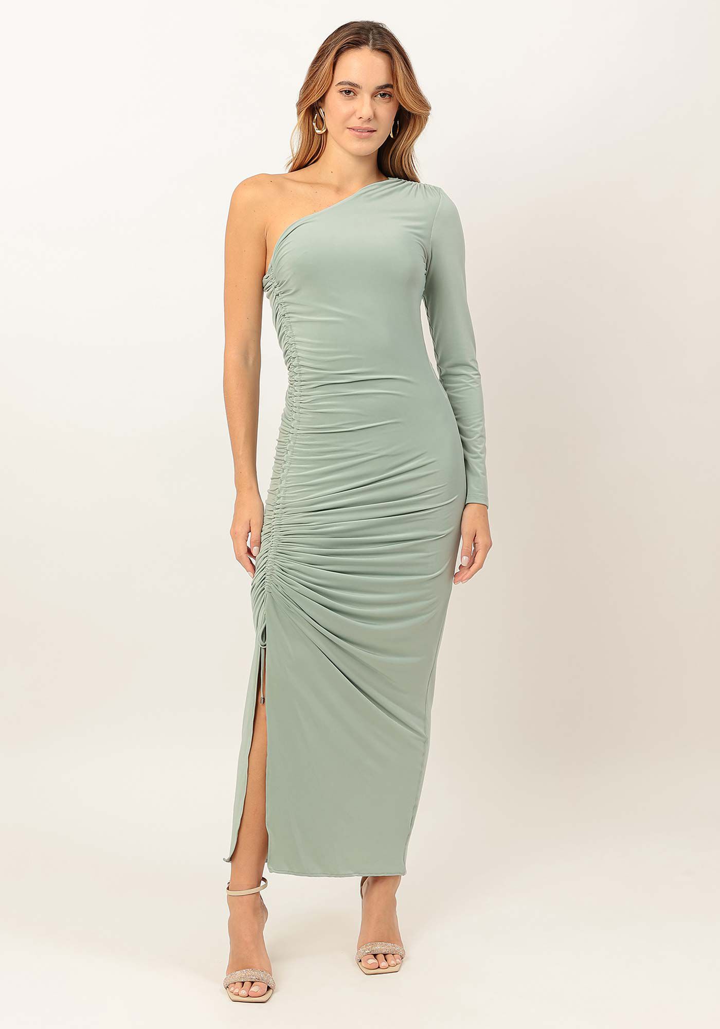 Vestido Midi Ombro S&oacute; Manga Longa Franzido, , large.