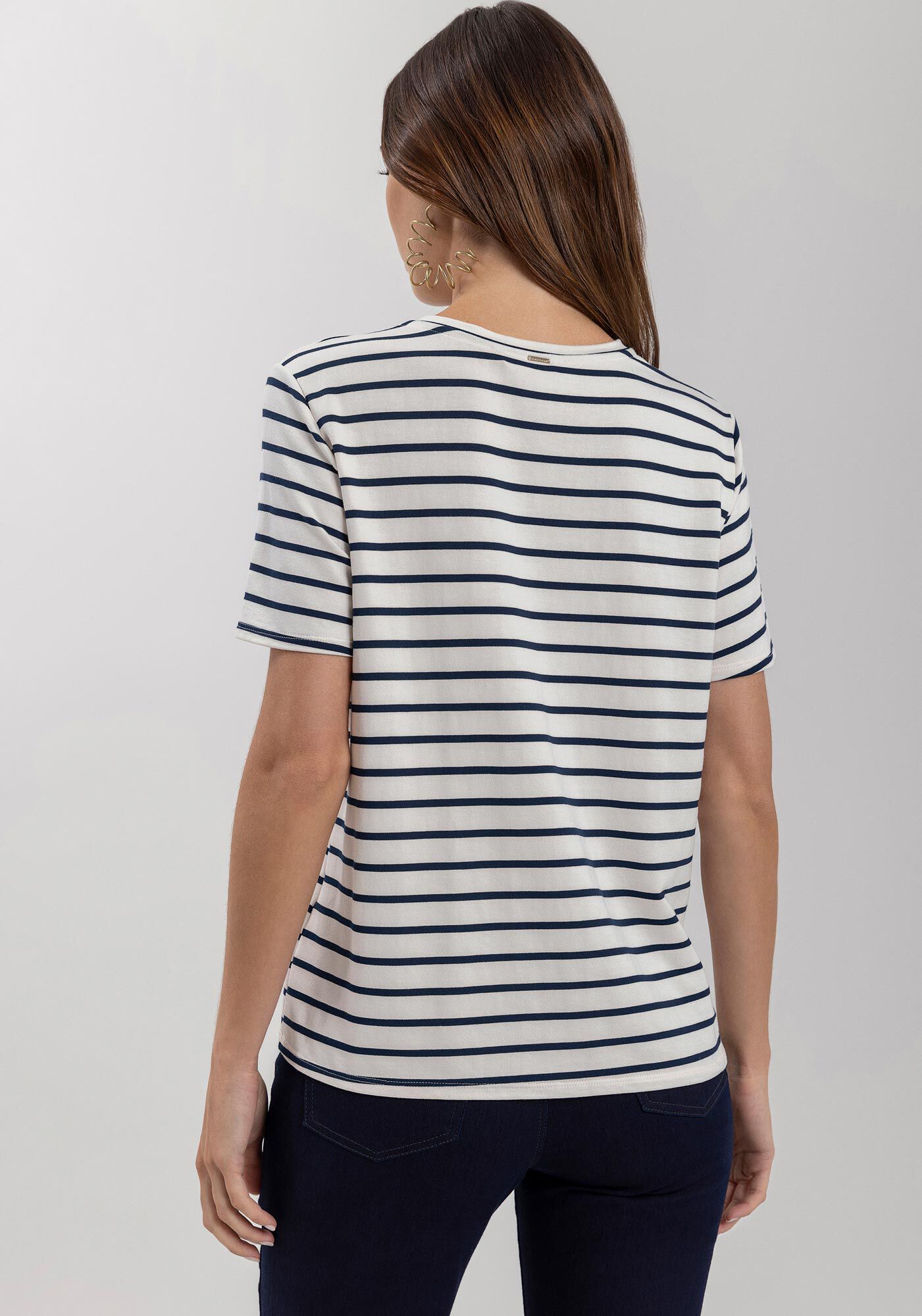 Blusa De Mangas Curtas Listrada Em Malha De Viscose, , large.