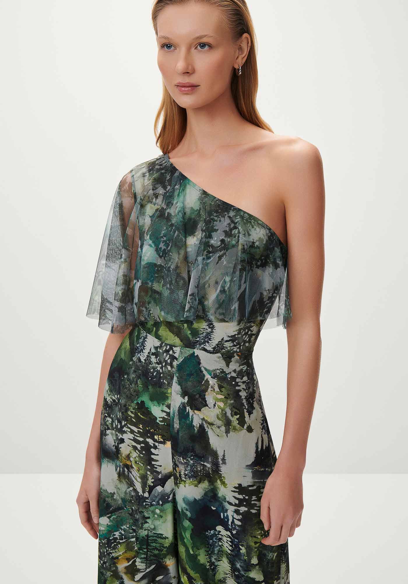 Macac&atilde;o Midi Ombro S&oacute; Estampado com Tule, PINHEIROS, large.