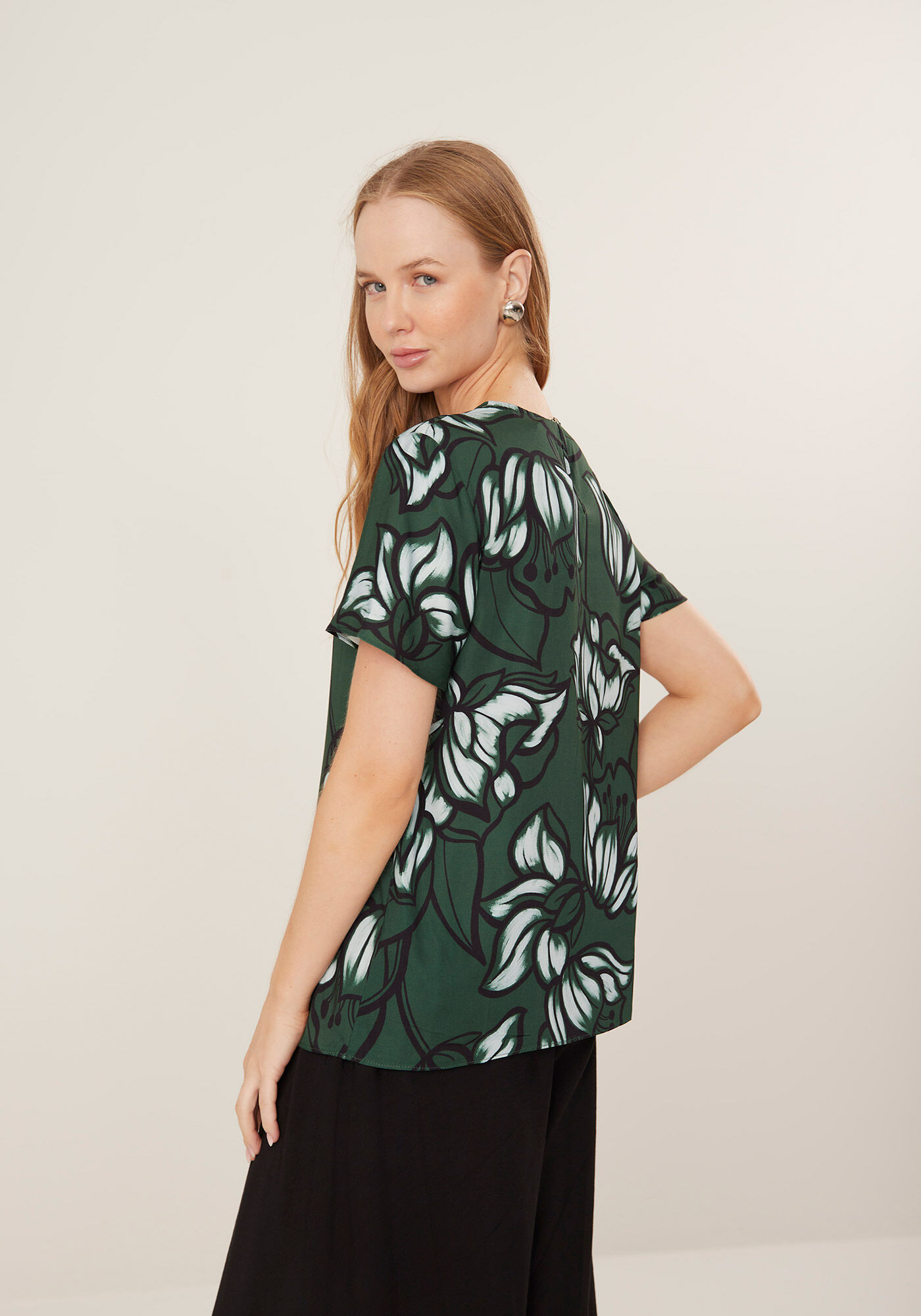 Blusa De Mangas Curtas Estampada Com Gola Redonda, BELL FLOWERS VERDE, large.