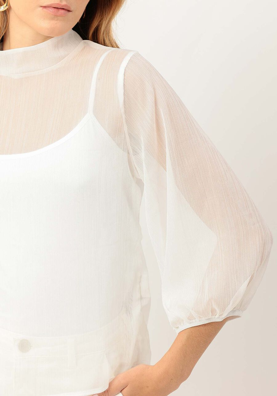 Blusa Manga Bufante com transparente, BRANCO OFF WHITE. Blusa Manga Bufante com transparente, BRANCO OFF WHITE, large.
