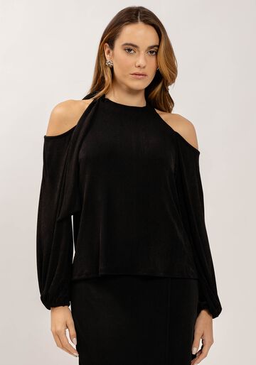 Blusa Manga Longa com Recorte Ombros e Amarração, PRETO REATIVO. Blusa Manga Longa com Recorte Ombros e Amarração, PRETO REATIVO, large.
