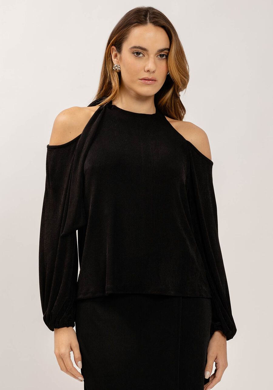 Blusa Manga Longa com Recorte Ombros e Amarração, PRETO REATIVO. Blusa Manga Longa com Recorte Ombros e Amarração, PRETO REATIVO, large.