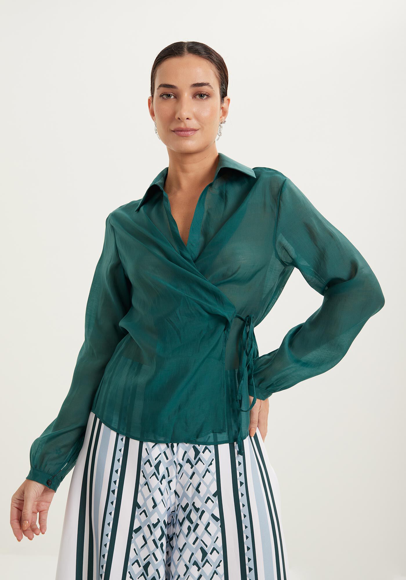 Camisa De Mangas Longas Com Transpar&ecirc;ncia E Amarra&ccedil;&atilde;o, , large.