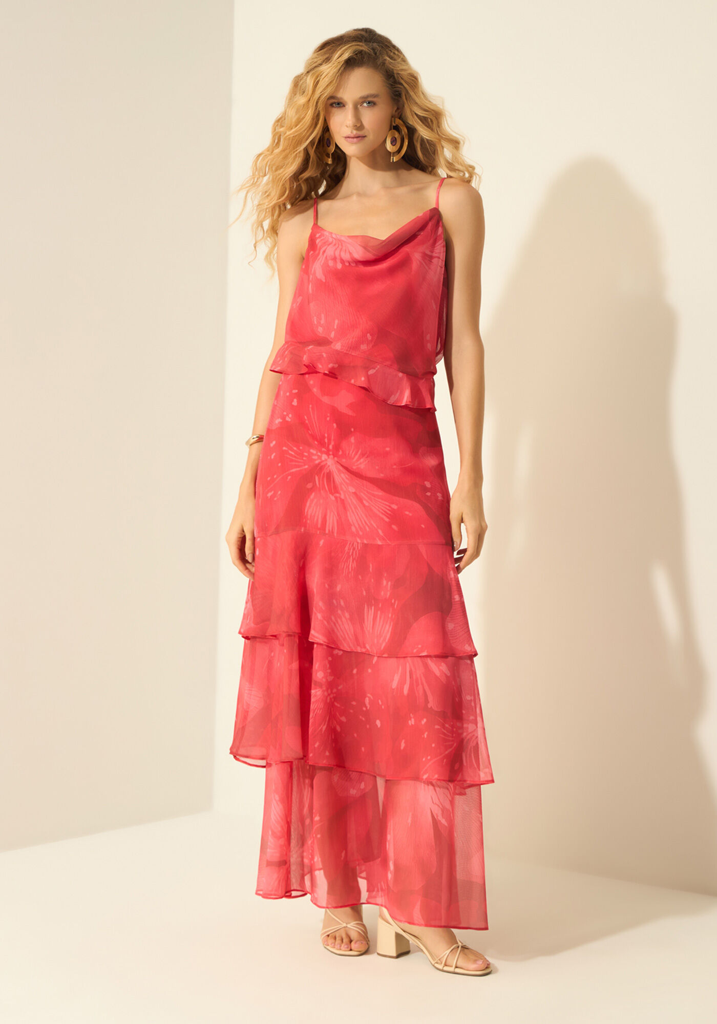 Saia Longa Estampada Com Babados E Cintura Alta, FLAMBOYANT VERMELHO, large.