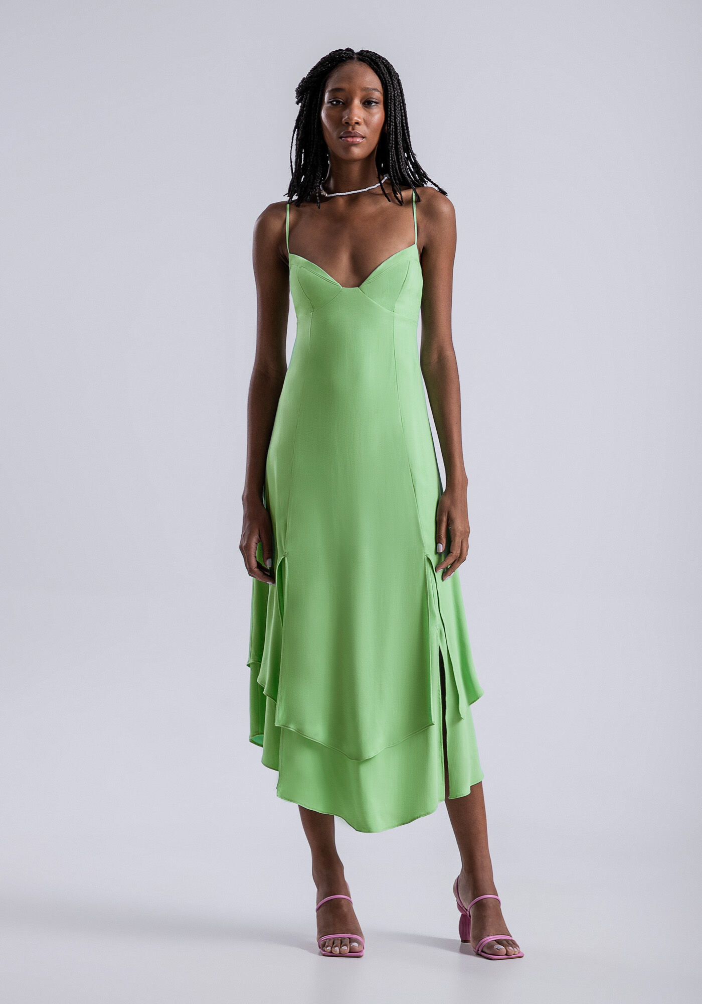 Vestido Midi em Viscose com Fendas Sobrepostas, , large.