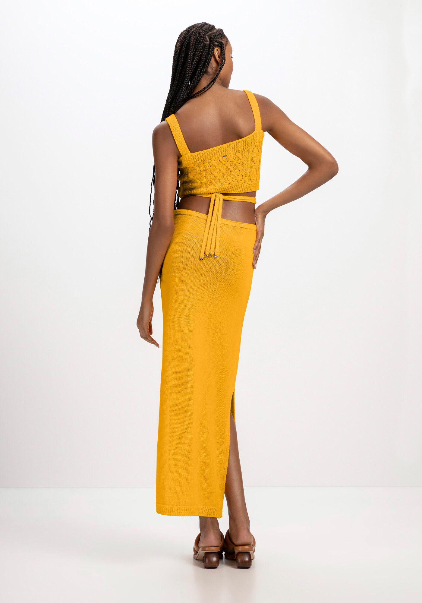Saia Midi em Tric&ocirc; com Amarra&ccedil;&atilde;o C&oacute;s, AMARELO ANGUS, large.
