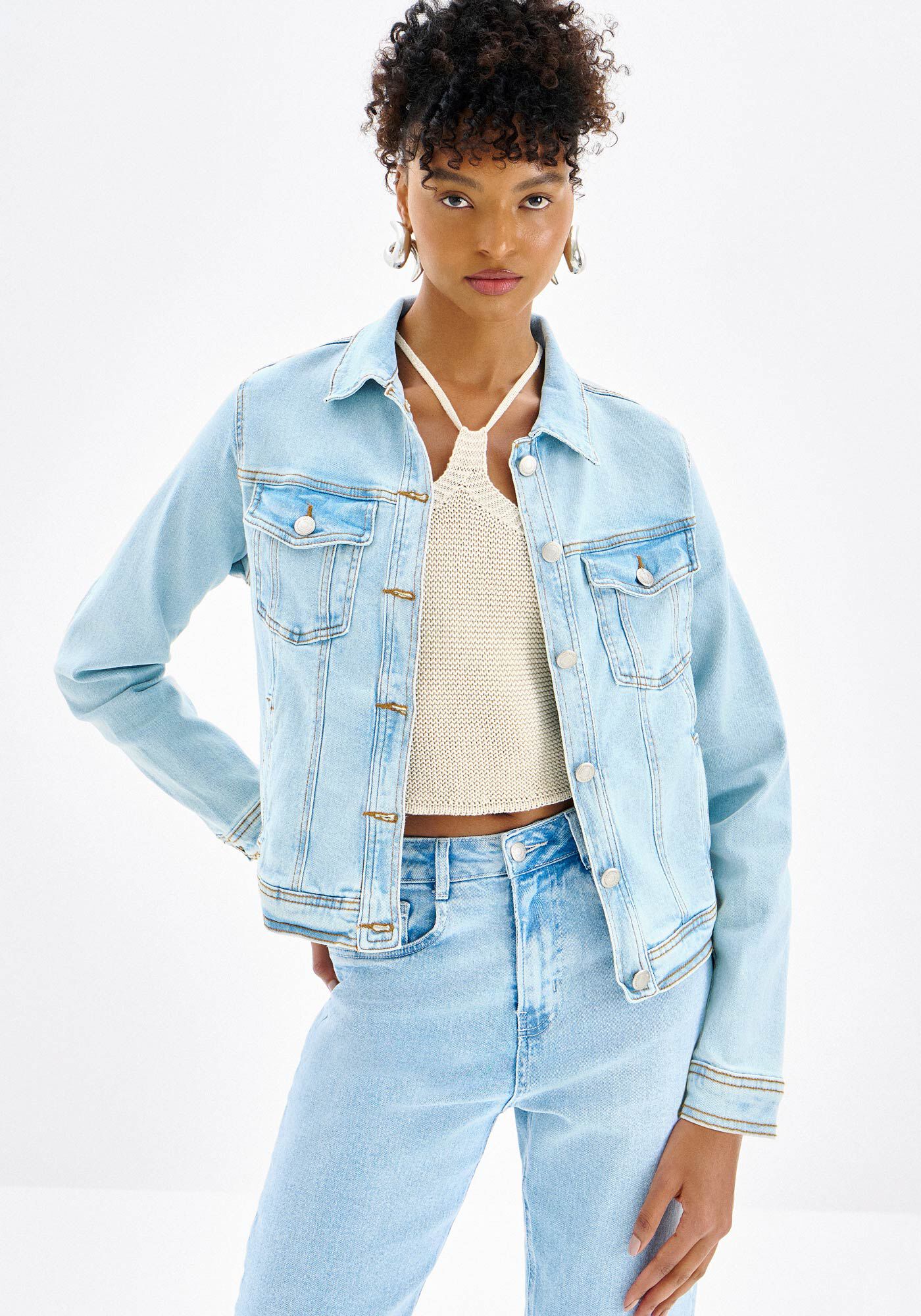 Jaqueta Jeans Clara com Elasticidade, , large.