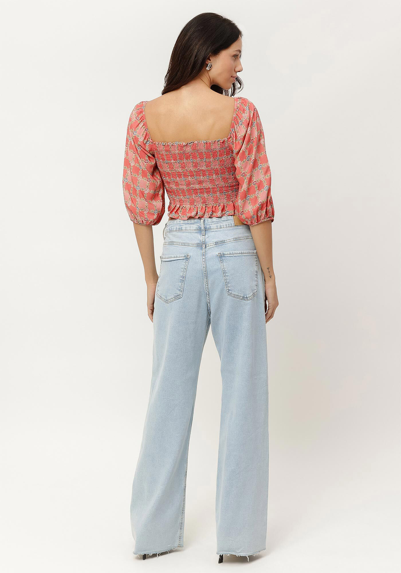 Blusa Manga Bufante Estampada Cropped com Lastex, , large.