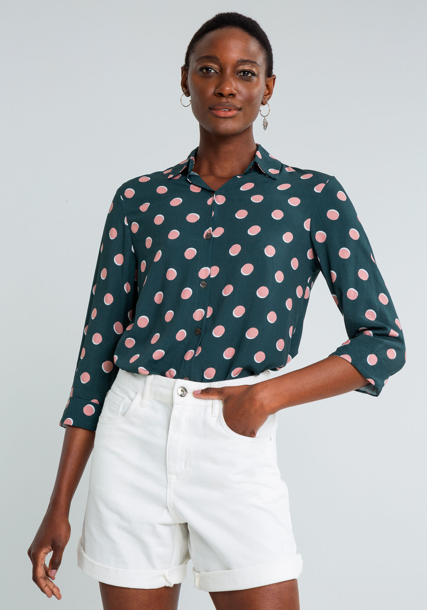 Camisa Manga 3/4 com Gola Estampada, POA, large.