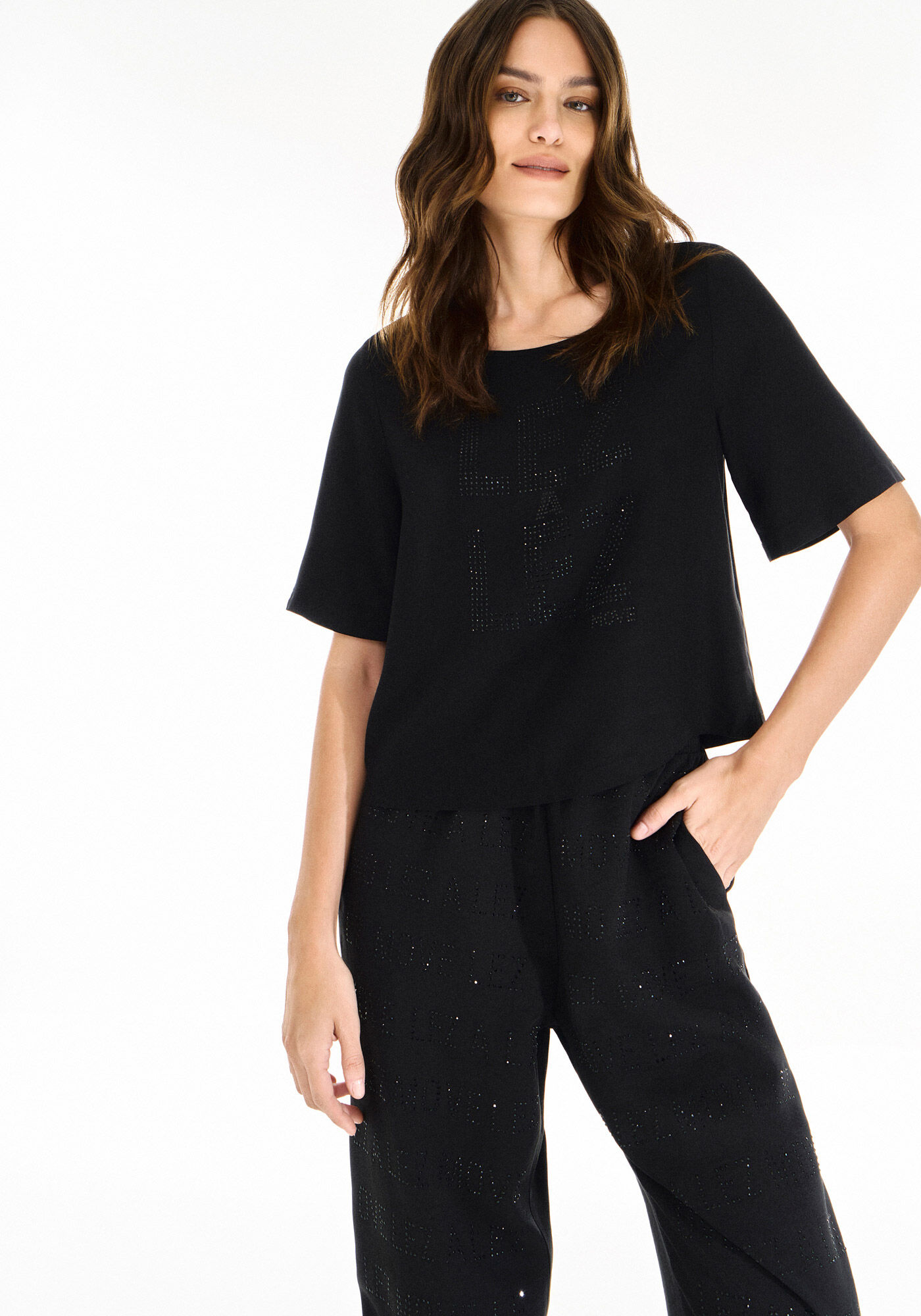 Blusa Oversized em Viscose com Strass MOVE Fitness, PRETO REATIVO, large.