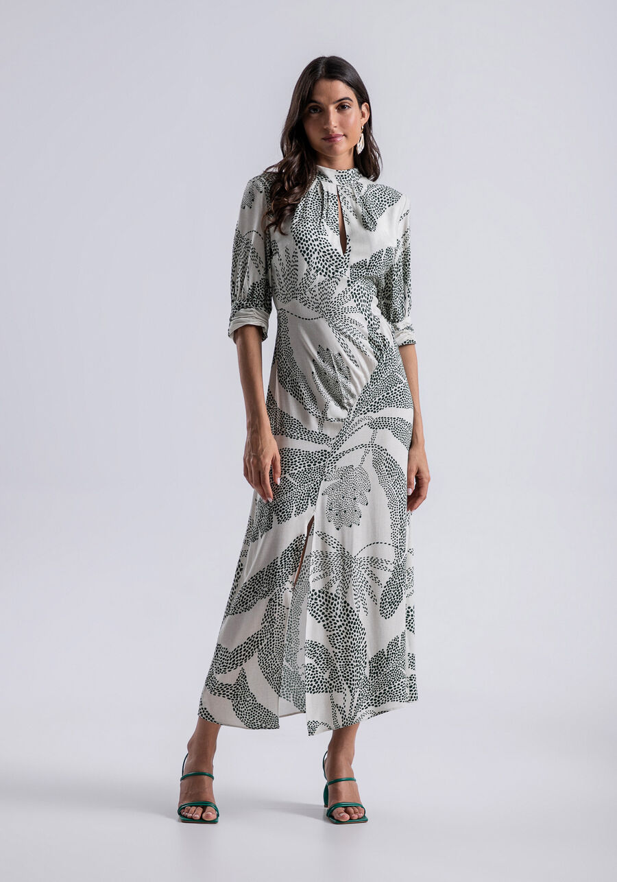 Vestido Midi Gola Alta Franzido e Fenda, VEREDAS. Vestido Midi Gola Alta Franzido e Fenda, VEREDAS, large.