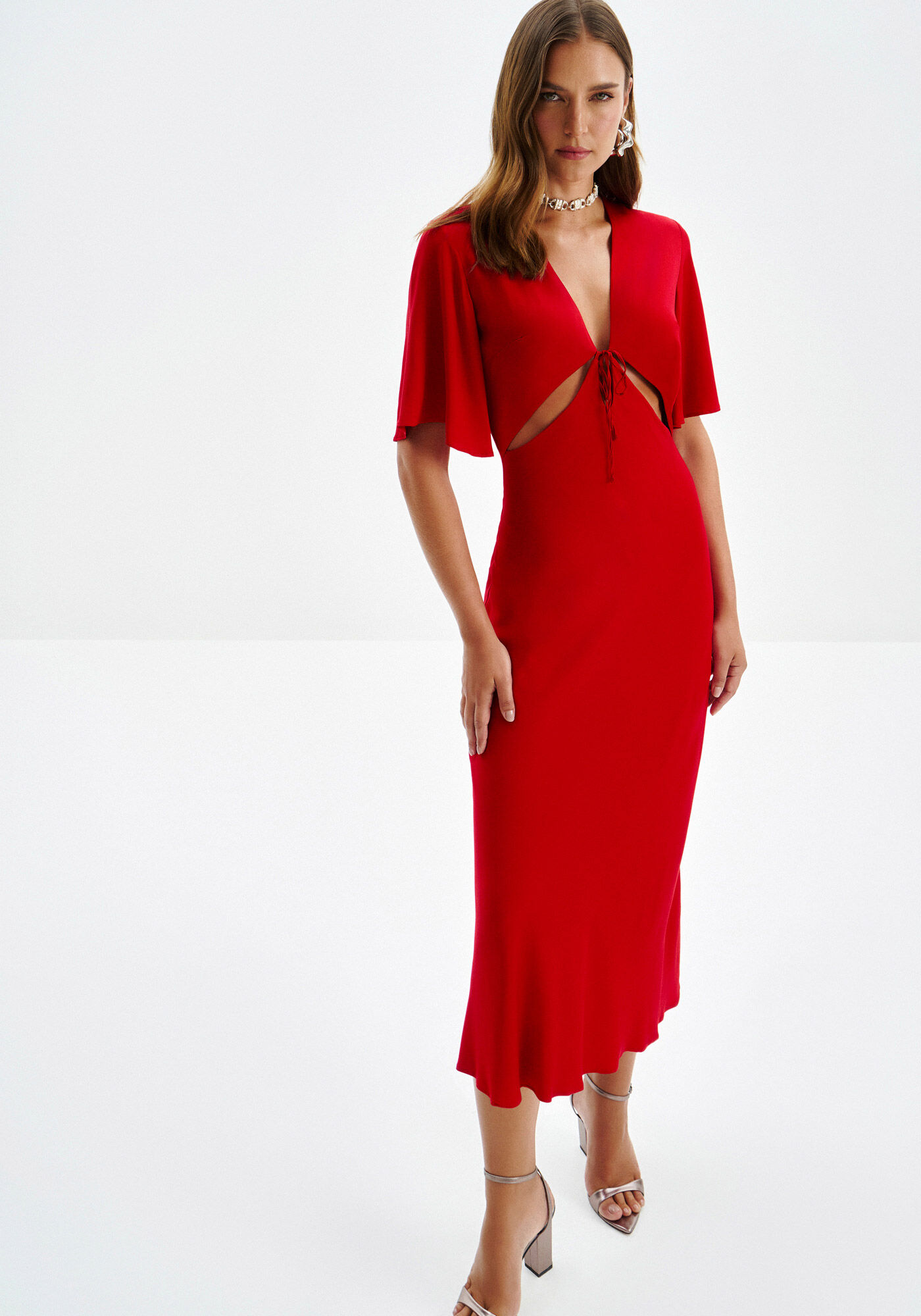 Vestido Midi Manga Flare com Cut e Amarra&ccedil;&atilde;o, , large.