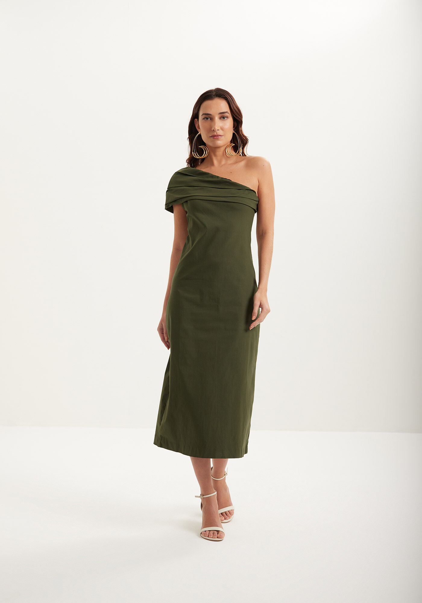 Vestido Midi Ch&aacute; De Um Ombro S&oacute; Em Bengaline Com Fenda, , large.