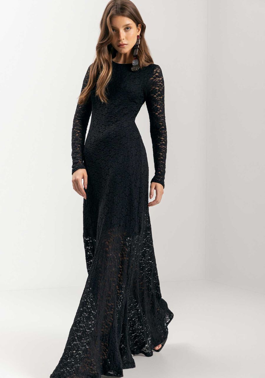 Vestido Longo De Renda Com Forro E Mangas, PRETO. Vestido Longo De Renda Com Forro E Mangas, PRETO, large.