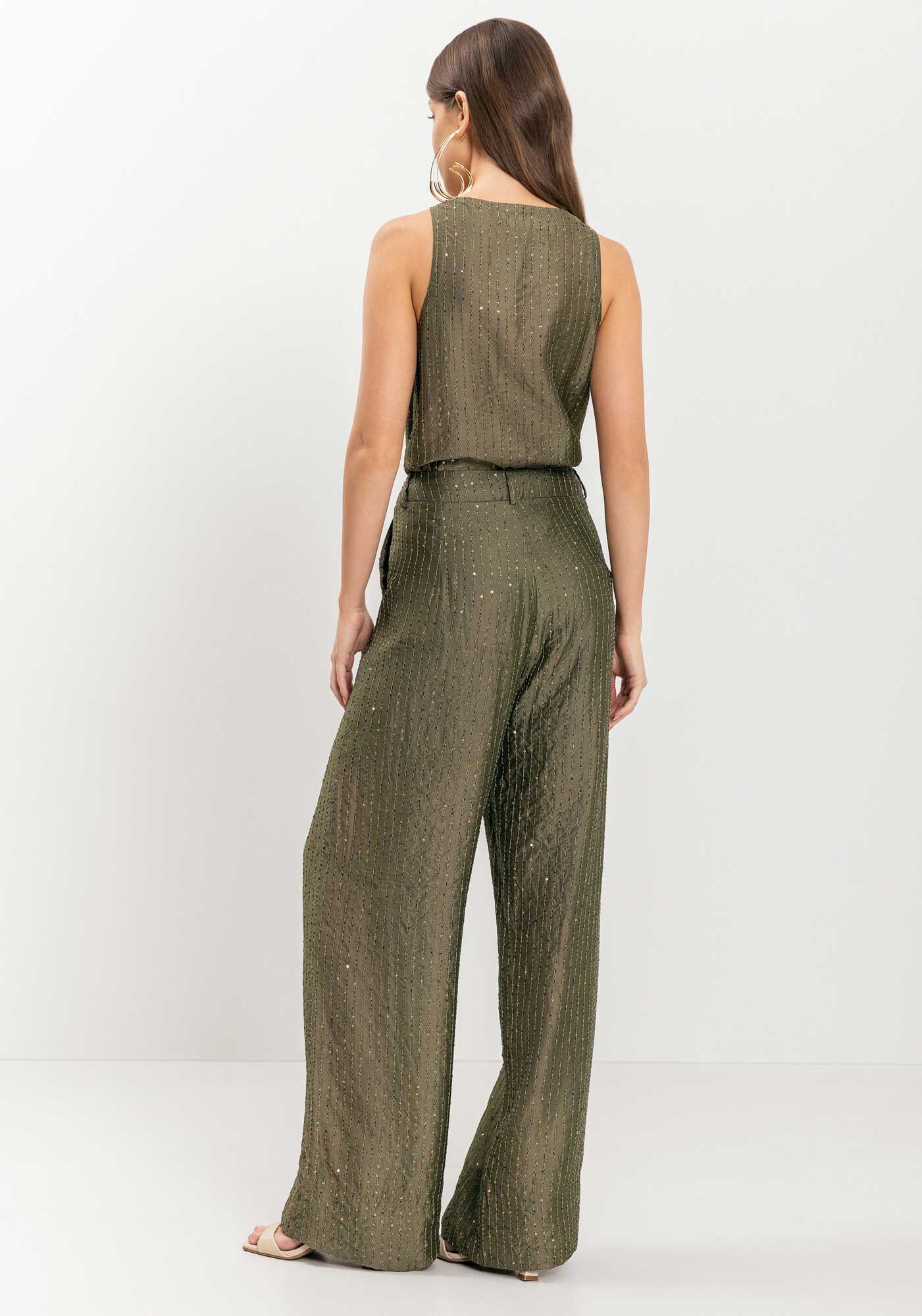 Cal&ccedil;a Reta De Cintura M&eacute;dia Com Bolsos Em Lyocell, , large.