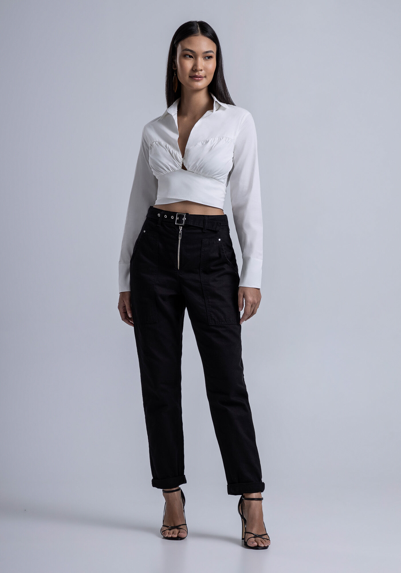 Blusa Manga Longa em Tecido Atlanta com Franzido Busto, , large.