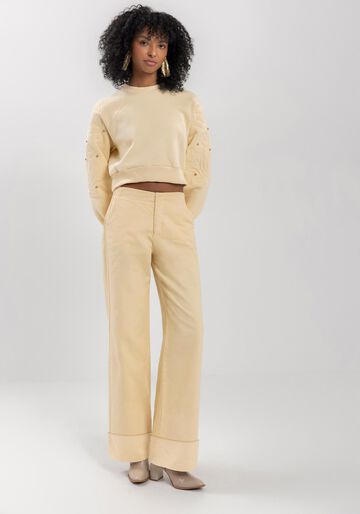 Calça Wide Leg Sarja Com Cintura Alta E Barra Diferenciada, AMARELO SEASHELL. Calça Wide Leg Sarja Com Cintura Alta E Barra Diferenciada, AMARELO SEASHELL, large.