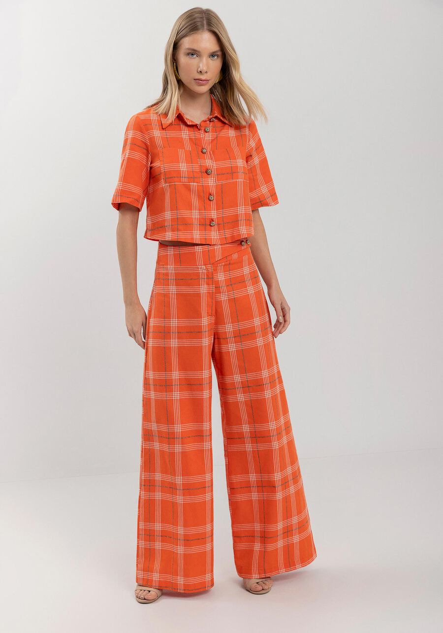 Calça Pantalona Xadrez De Cintura Alta Em Algodão Peletizado, . Calça Pantalona Xadrez De Cintura Alta Em Algodão Peletizado, , large.