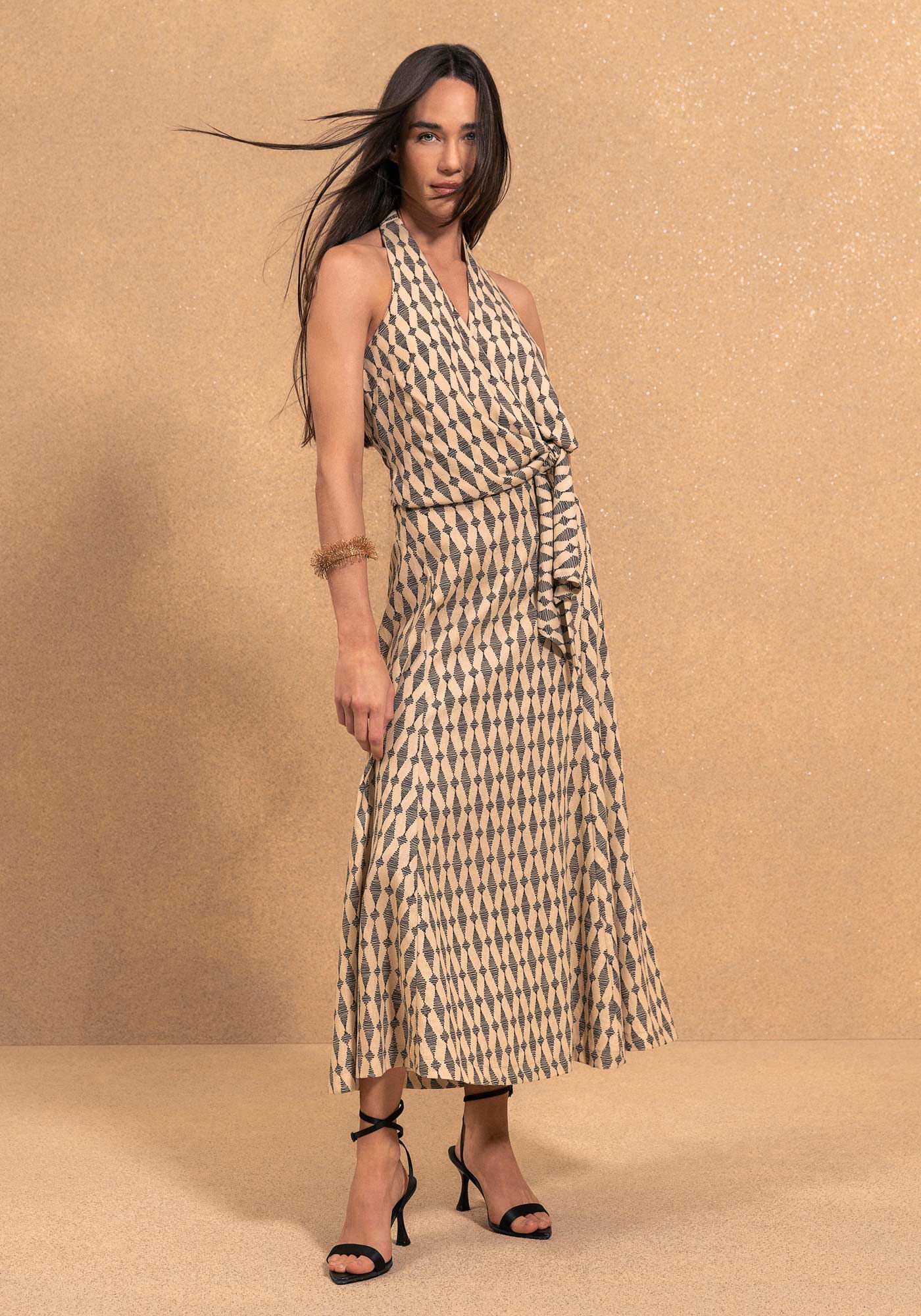 Saia Ch&aacute; Estampada Com Z&iacute;per E Cintura Alta, CORDOES BEGE, large.