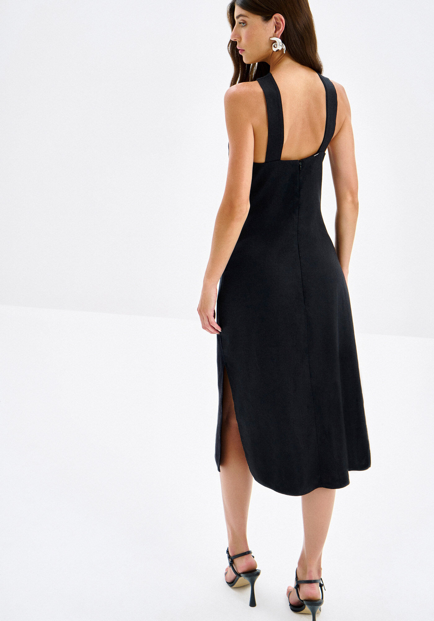 Vestido Midi em Linho com Decote Cross Neck, PRETO REATIVO, large.