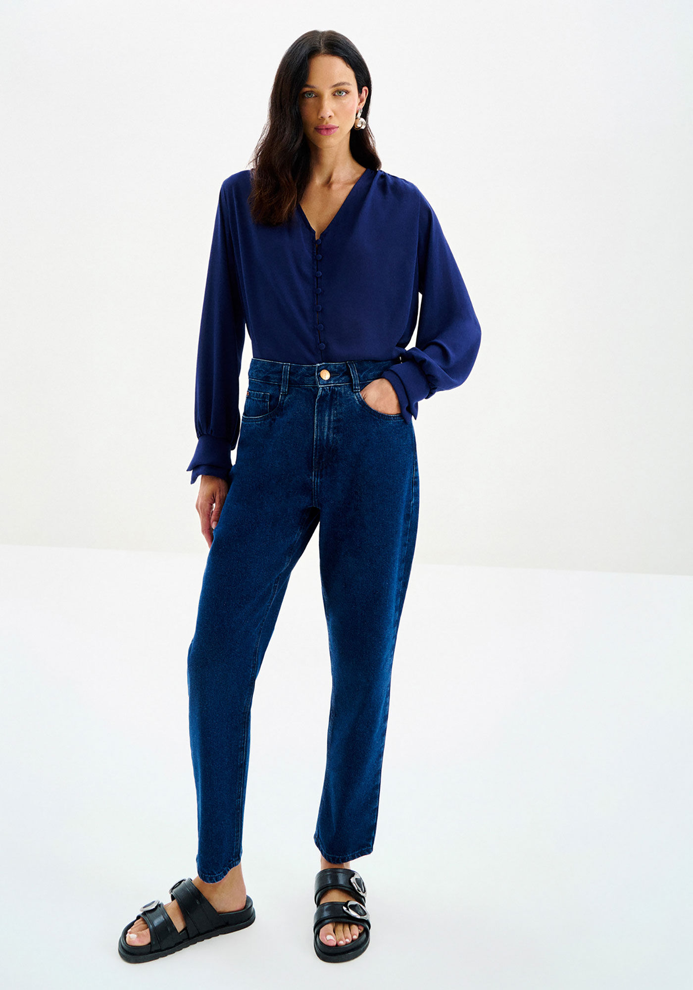 Cal&ccedil;a Jeans Mom Cropped Cintura Alta Sustent&aacute;vel, , large.