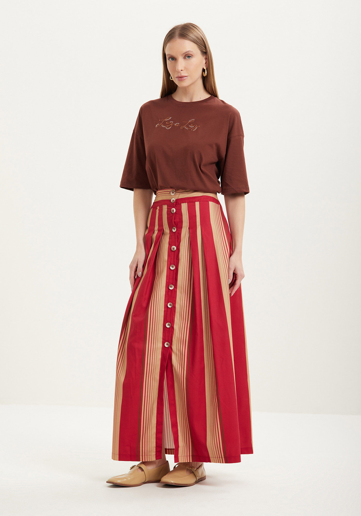 Saia Ch&aacute; Evas&ecirc; Com Cintura Alta E Bot&otilde;es Em Algod&atilde;o, , large.