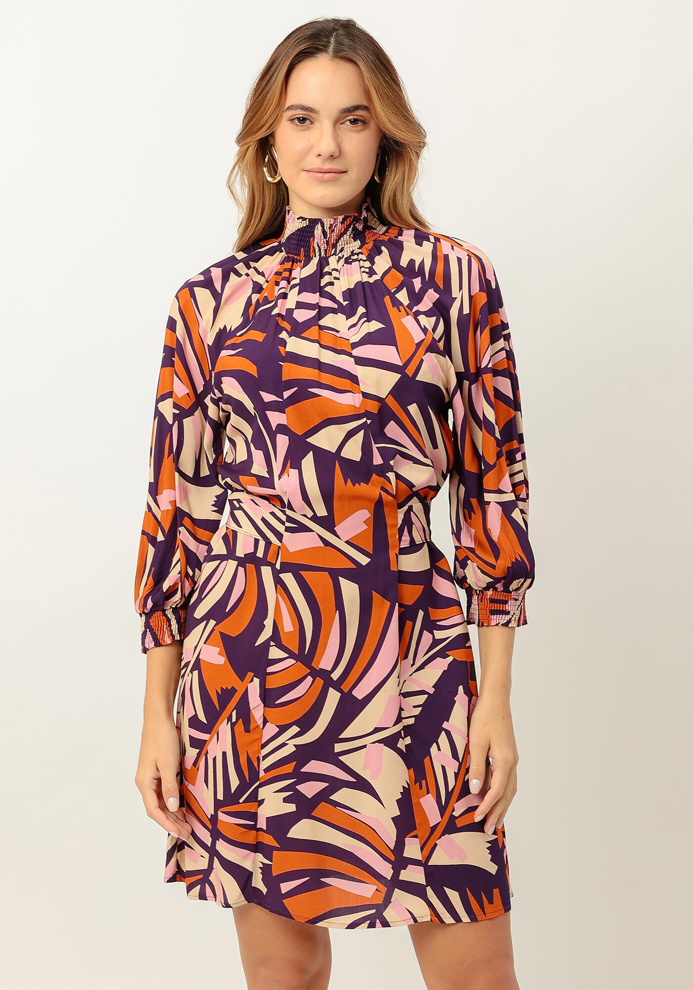 Vestido Curto Estampado com Manga Bufante, , large.