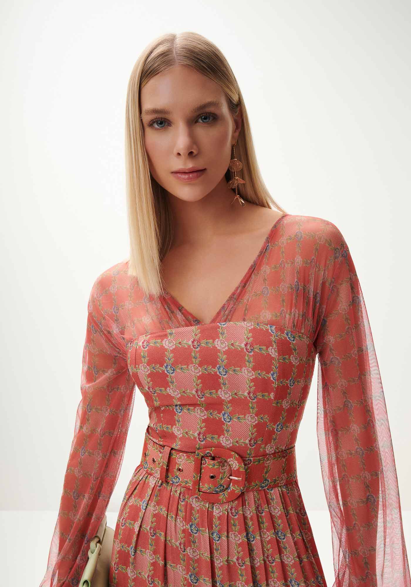 Vestido Midi com Manga em Tule e Cinto, , large.