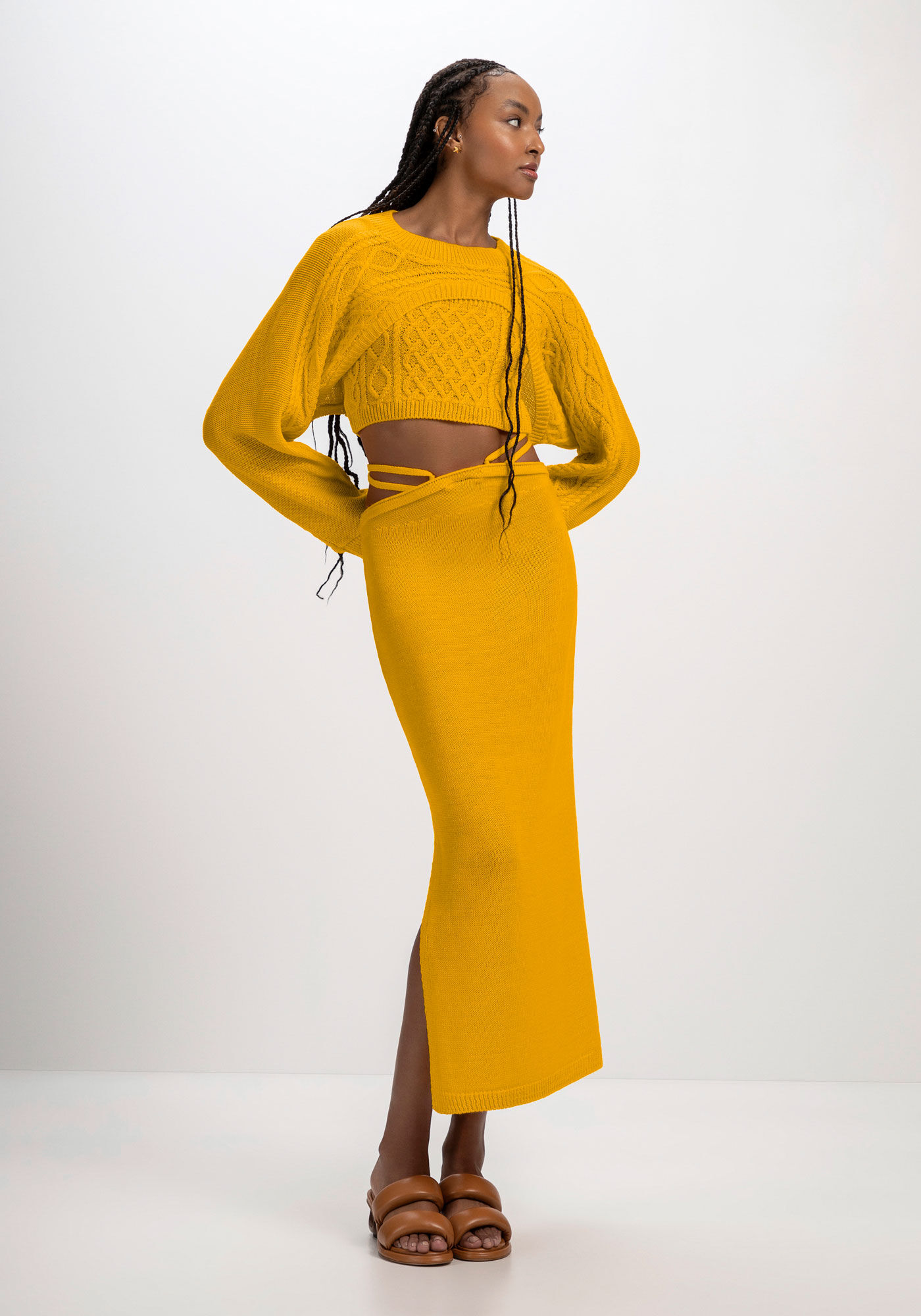 Blusa Manga Longa em Tric&ocirc; com Top, AMARELO ANGUS, large.