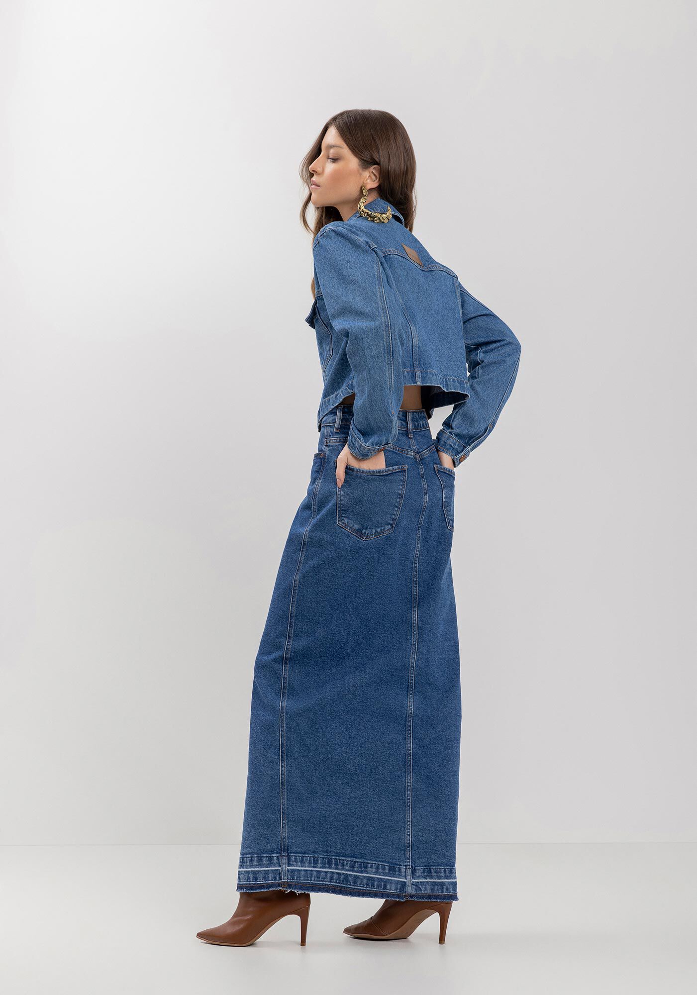 Jaqueta Jeans Curta Com Bolsos E Lapelas Frontais, , large.