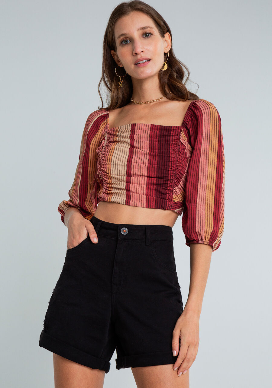 Blusa Manga 3/4 Cropped Franzidos, CAMPO. Blusa Manga 3/4 Cropped Franzidos, CAMPO, large.