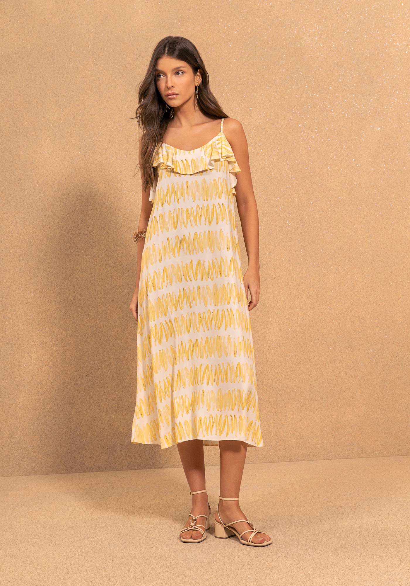 Vestido Midi Estampado Com Al&ccedil;as Finas E Babados, PETALAS OFF, large.