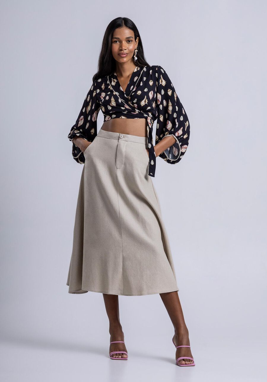 Saia Midi Evasê em Linho com Bolsos, . Saia Midi Evasê em Linho com Bolsos, , large.