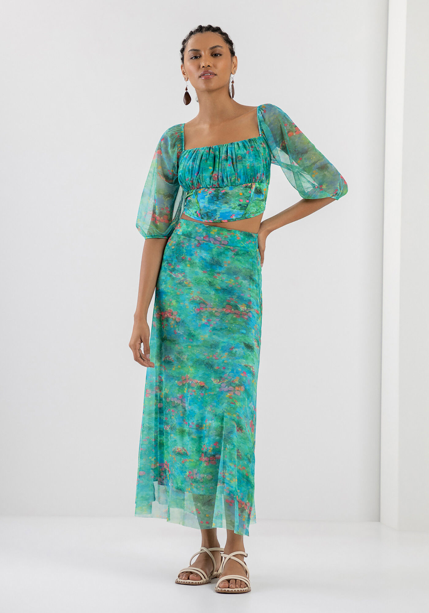 Saia Midi Estampada com Tule Sobreposto, , large.