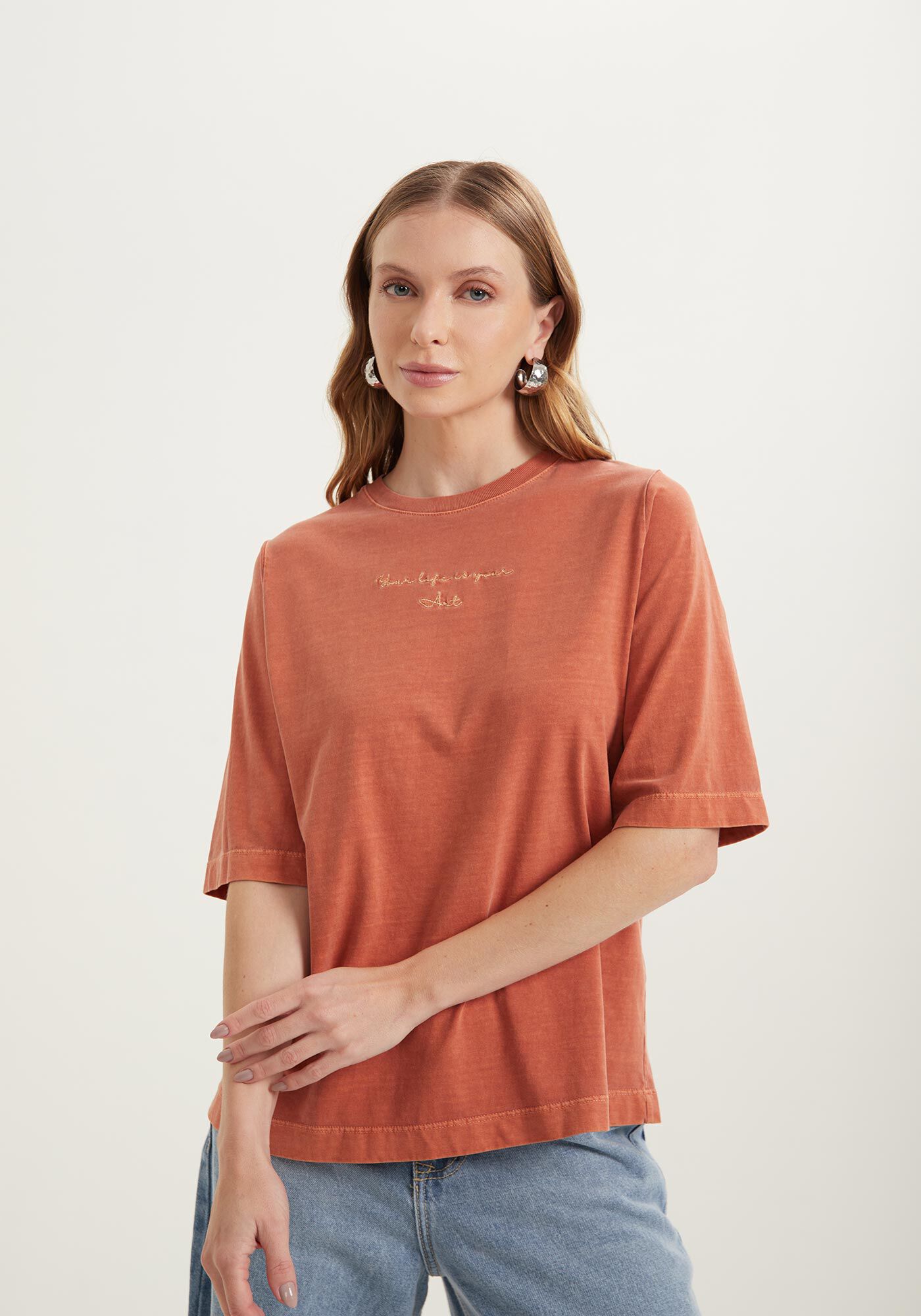 Blusa T-shirt De Mangas Curtas Com Bordado Em Fio De Lurex, , large.