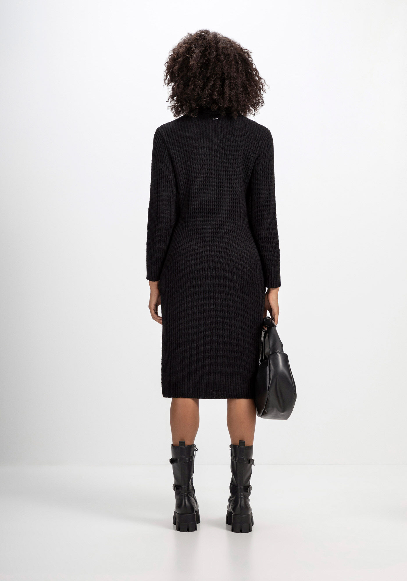 Vestido Midi Manga Longa em Tric&ocirc; com Gola Alta, PRETO REATIVO, large.