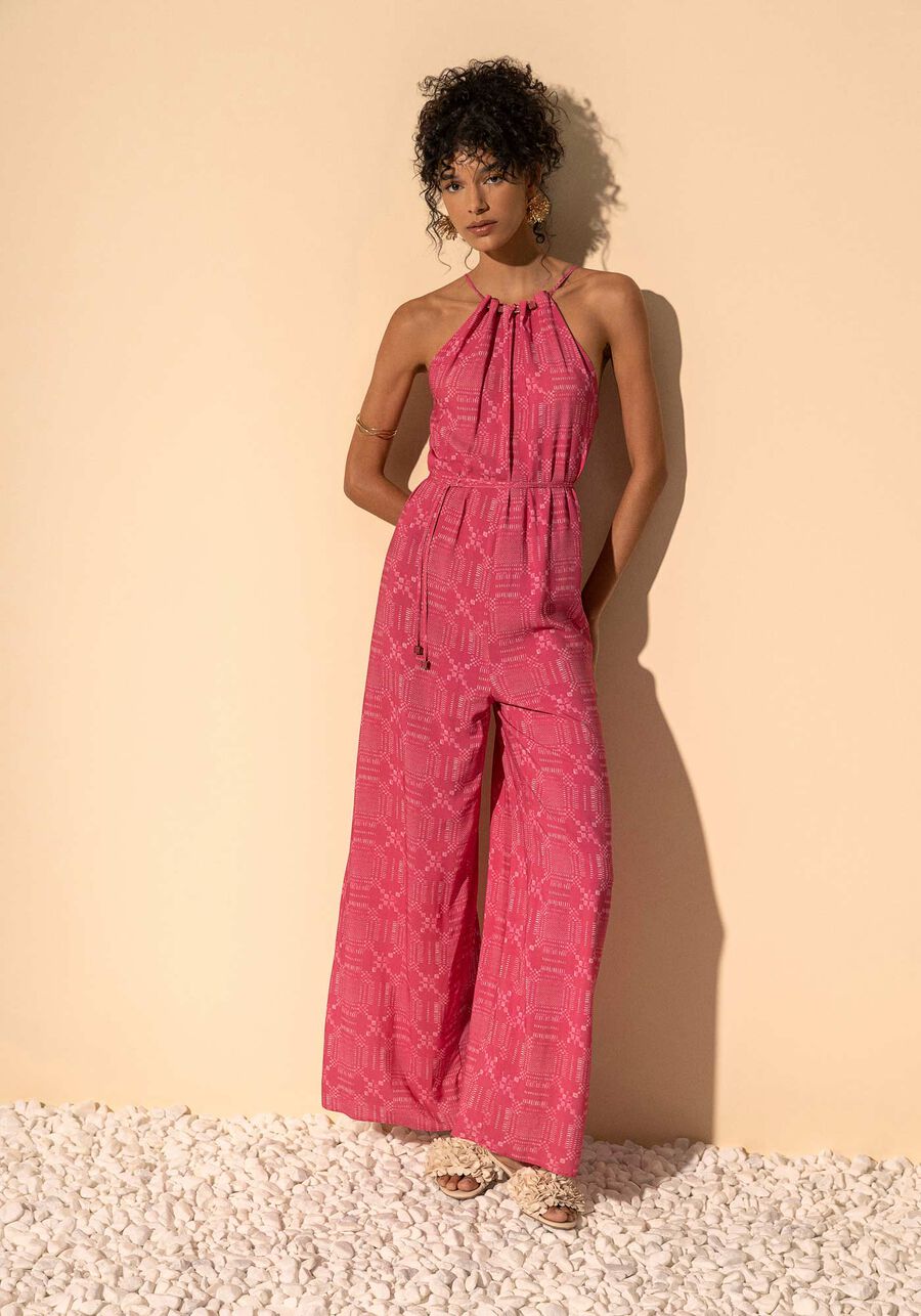 Macacão Longo Estampado Com Cinto E Enfeites No Decote, CHECK ROSA. Macacão Longo Estampado Com Cinto E Enfeites No Decote, CHECK ROSA, large.