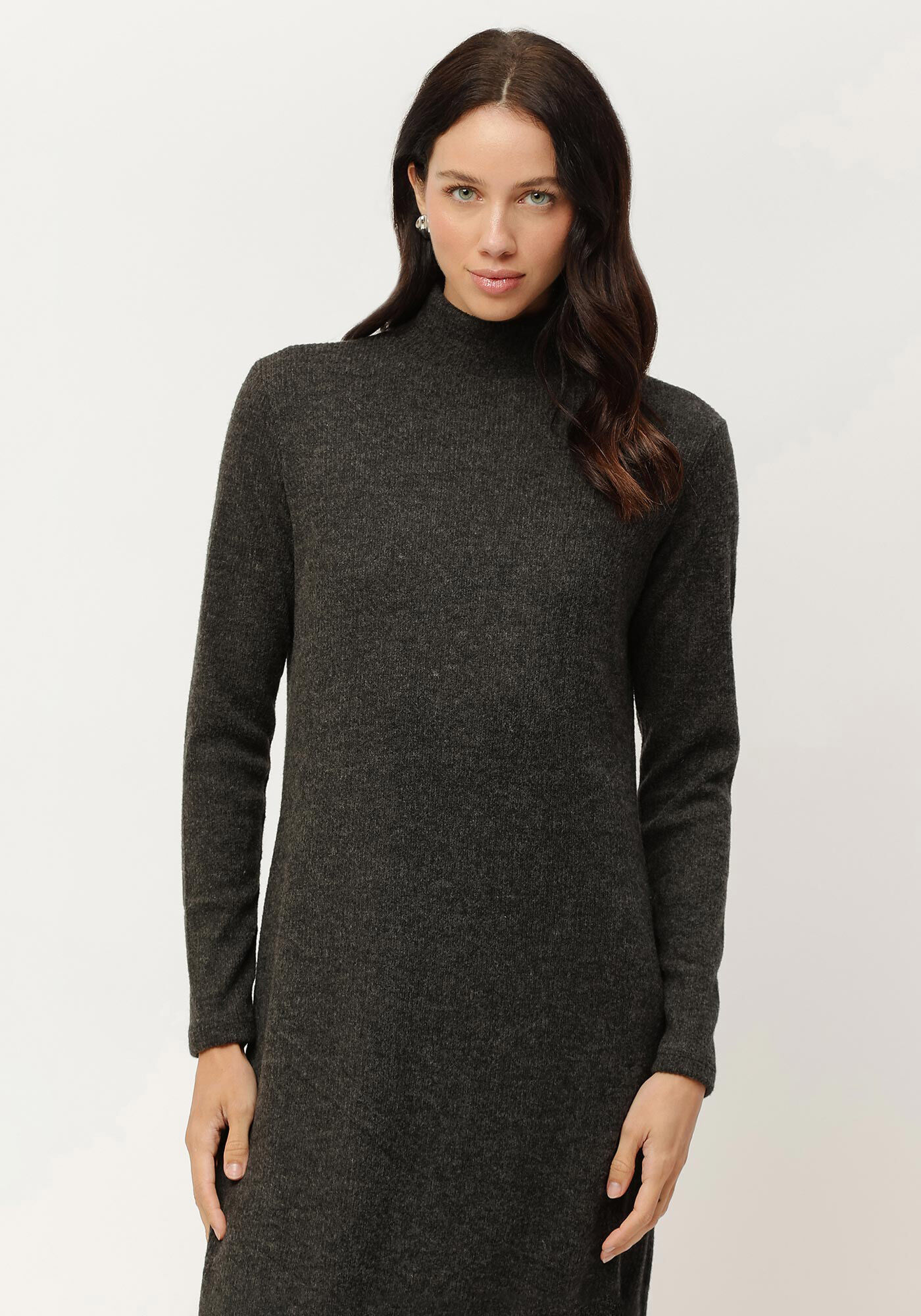 Vestido Midi Manga Longa Canelado com Gola, , large.