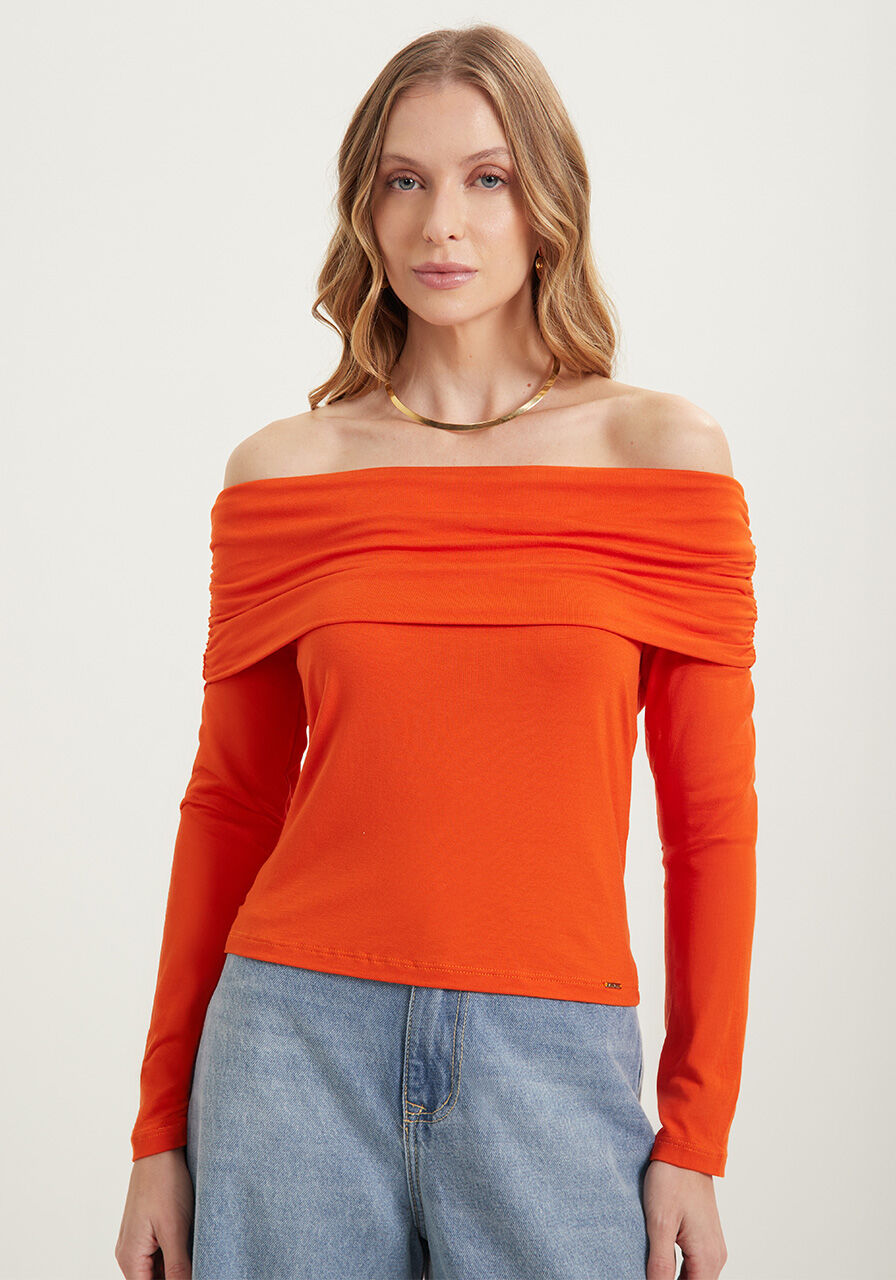 Blusa Ombro A Ombro Em Malha Com Franzidos E Mangas Longas, , large.