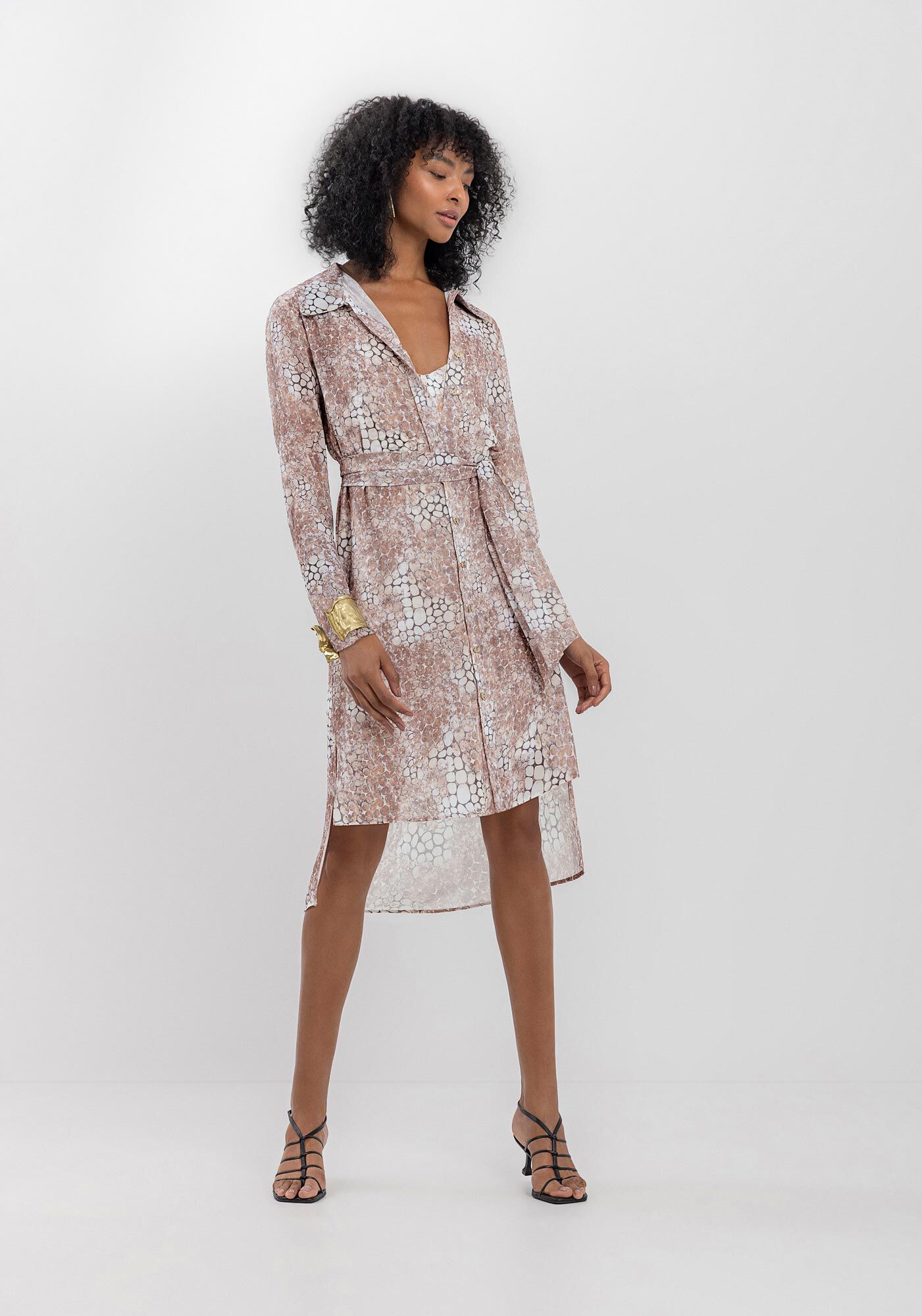 Vestido Midi Estampado Com Mangas Longas E Faixa Ajust&aacute;vel, SKIN MARROM, large.