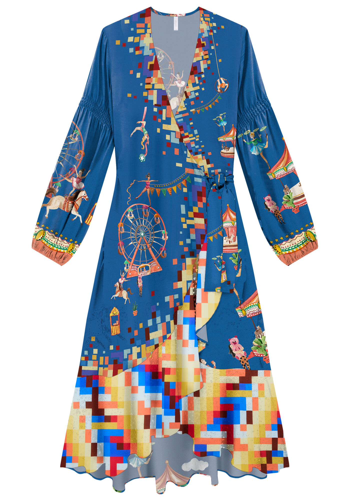 Vestido Midi Transpassado com Manga Bufante, PARQUE DE DIVERSOES, large.