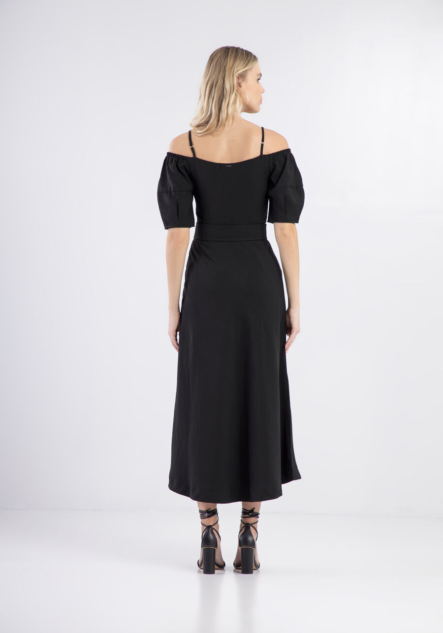 Vestido Midi com Recorte Ombros e Cinto, . Vestido Midi com Recorte Ombros e Cinto, , large.